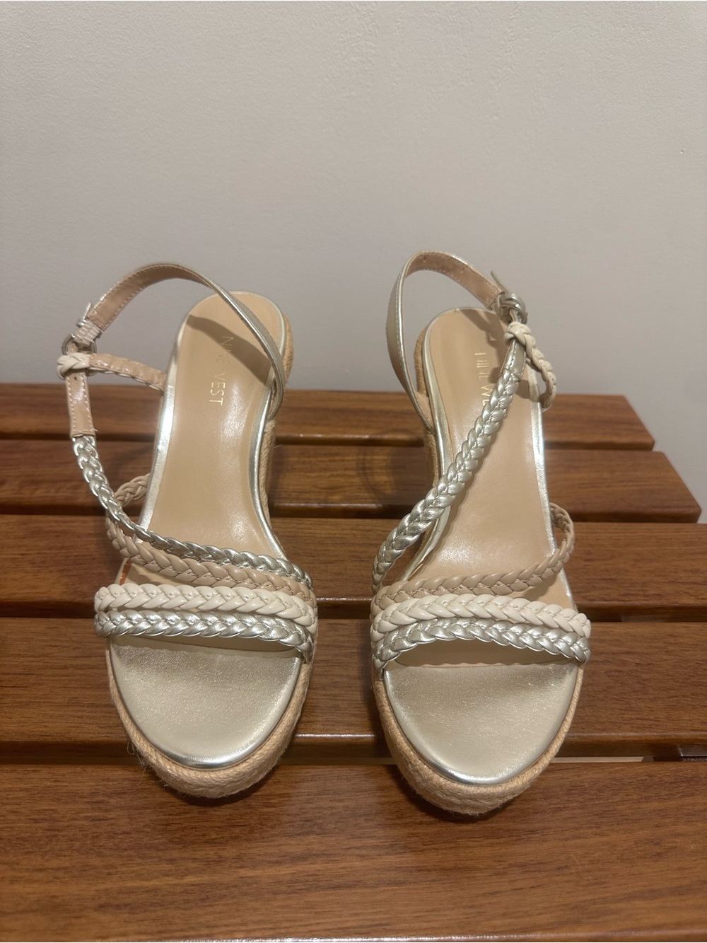 Nine West Braided Metallic Silver and Beige Wedge Sandals